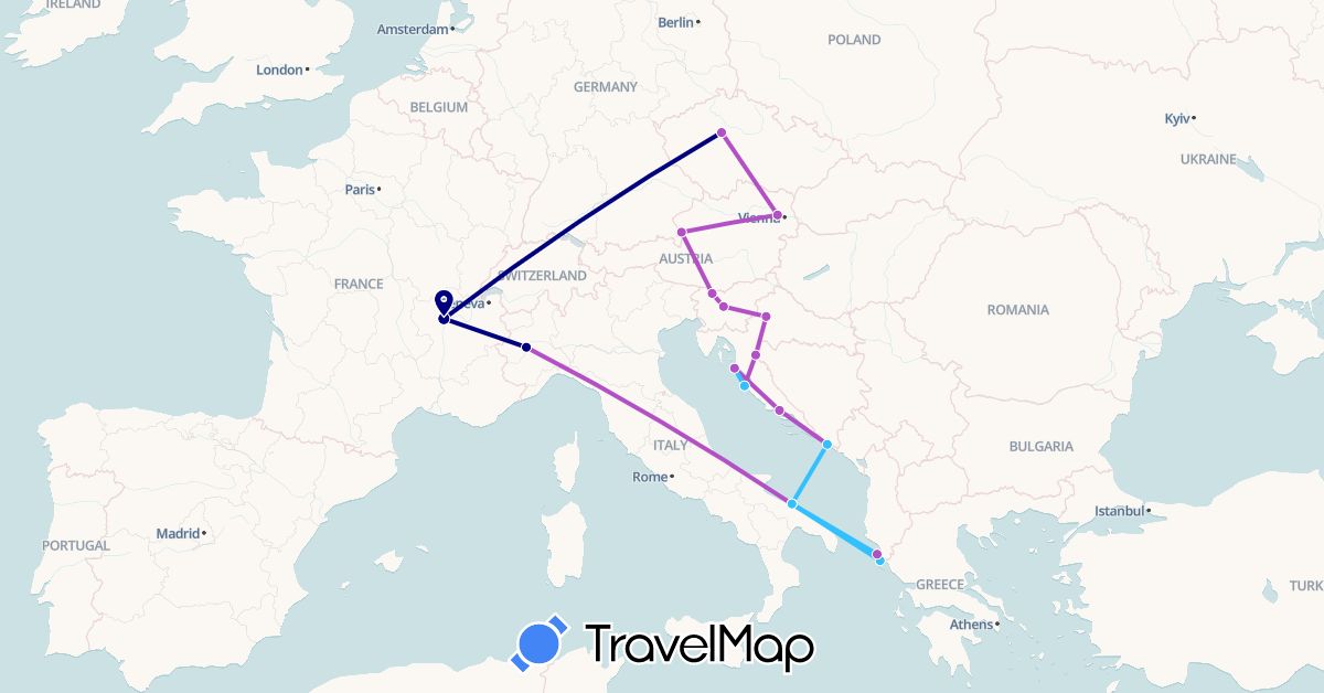 TravelMap itinerary: driving, train, boat in Austria, Czech Republic, France, Greece, Croatia, Italy, Slovenia (Europe)